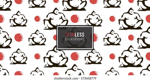 Seamless pattern with ink hand drawn brushstroke sumo and sun. Background with japanese national symbols and elements. 
