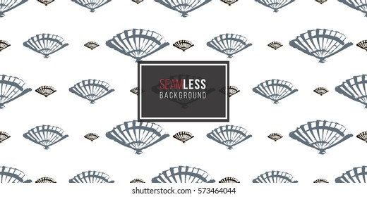 Seamless pattern with ink hand drawn brushstroke fan. Background with japanese national symbols and elements. 