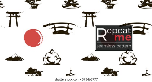 Seamless pattern with ink hand drawn brushstroke fan, sword, sumo, pagoda, sun, torii, bonsai, Fuji. Background with japanese national symbols and elements. 
