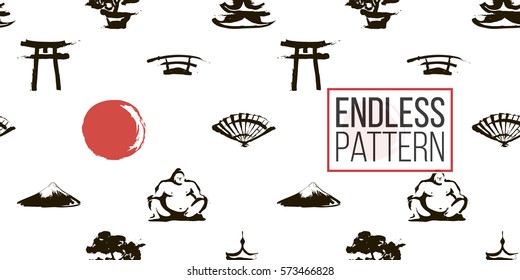 Seamless pattern with ink hand drawn brushstroke fan, sword, sumo, pagoda, sun, torii, bonsai, Fuji. Background with japanese national symbols and elements. 