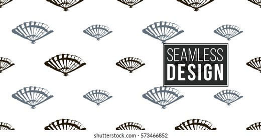 Seamless pattern with ink hand drawn brushstroke fan. Background with japanese national symbols and elements. 