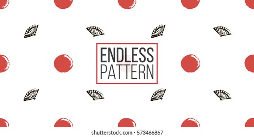 Seamless pattern with ink hand drawn brushstroke fan and sun. Background with japanese national symbols and elements. 