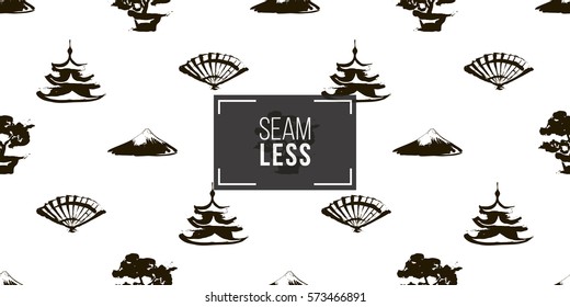 Seamless pattern with ink hand drawn brushstroke fan, pagoda, bonsai, Fuji. Background with japanese national symbols and elements. 