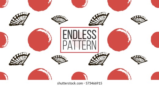 Seamless pattern with ink hand drawn brushstroke fan and sun. Background with japanese national symbols and elements. 