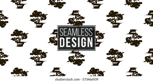 Seamless pattern with ink hand drawn brushstroke bonsai. Background with japanese national symbols and elements. 