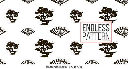 Seamless pattern with ink hand drawn brushstroke fan and bonsai. Background with japanese national symbols and elements. 