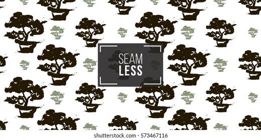 Seamless pattern with ink hand drawn brushstroke bonsai. Background with japanese national symbols and elements. 