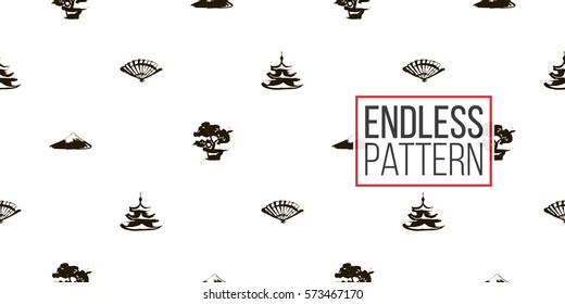 Seamless pattern with ink hand drawn brushstroke fan, pagoda, bonsai, Fuji. Background with japanese national symbols and elements. 