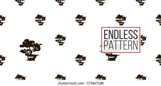 Seamless pattern with ink hand drawn brushstroke bonsai. Background with japanese national symbols and elements. 