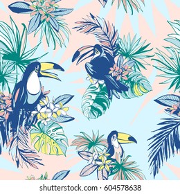 Seamless pattern of ink Hand drawn Tropical monstera  palm leaves, flowers, birds. Greeting card, invitation for summer beach party, flyer, textile print. Vector illustration. Grunge design style