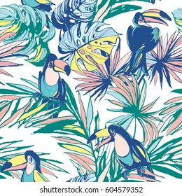 Seamless pattern of ink Hand drawn Tropical  palm leaves, flowers, birds. Greeting card, invitation for summer beach party, flyer, textile print. Vector illustration. Grunge design style