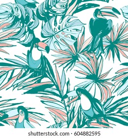 Seamless pattern of ink Hand drawn Tropical monstera palm leaves, flowers, birds. Greeting card, invitation for summer beach party, flyer, textile print. Vector illustration. Grunge design style