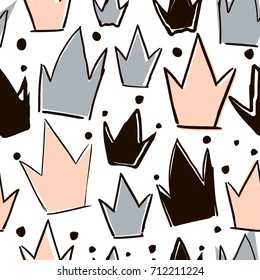 Seamless pattern with ink hand drawn crowns. Abstract creative. Vector Illustration