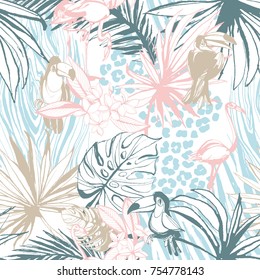 Seamless pattern of ink Hand drawn sketch Tropical palm leaves toucan flamingo bird, leopard zebra skin. Greeting card, invitation summer beach party, flyer. Vector illustration. Grunge design style