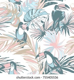 Seamless pattern of ink Hand drawn sketch Tropical palm leaves with toucan bird parrots. Greeting card, invitation for summer beach party, flyer. Vector illustration. Grunge design style