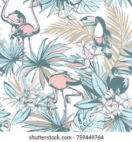 Seamless pattern of ink Hand drawn sketch Tropical palm leaves with toucan bird parrots flamingo. Greeting card, invitation for summer beach party, flyer. illustration. Grunge design style