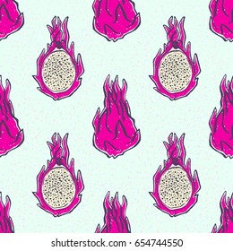 Seamless pattern with ink hand-drawn dragonfruits on light background. Vector illustration