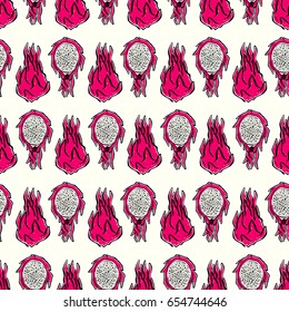 Seamless pattern with ink hand-drawn dragonfruits on light background. Vector illustration