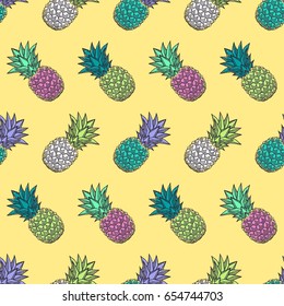 Seamless pattern with ink hand-drawn multicolored pineapples on light background. Vector illustration