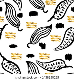 seamless pattern ,ink, leaves,lines ,gold, vector