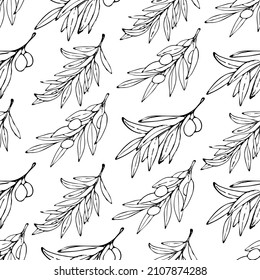 Seamless pattern with ink olive branches on white background.