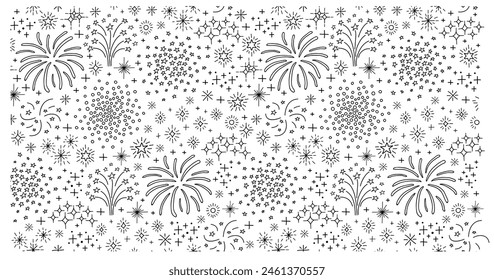 Patrón sin costuras con tinta y pluma. Fuegos artificiales, chispa. Manual de estilo de Imagen en blanco y negro. Dibujo a mano libre.En blanco para imprimir en tela, superficies y papel de embalaje.