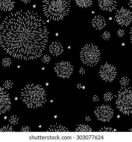 Seamless pattern with ink and pen. Fireworks, snowflakes sparkle. Black and white image style manual. Drawing free hand. Blank for printing on fabric, seamless surfaces and wrapping paper.
