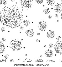 Seamless pattern with ink and pen. Fireworks, snowflakes sparkle. Black and white image style manual. Drawing free hand.Blank for printing on fabric,surfaces and wrapping paper.