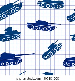 Seamless pattern ink silhouettes of tanks on exercise book in a cell.