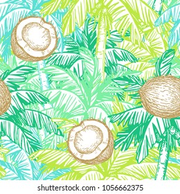 Seamless pattern. Ink sketch of coconut and palm trees. Hand drawn vector illustration
