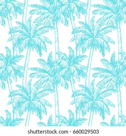 Seamless pattern. Ink sketch of coconut palm trees. Hand drawn vector illustration