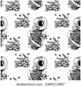 patrón ininterrumpido de boceto de tinta dibujar flora de café para la moda de tela, afiche de arte, decorativo, papel de pared, postal, folleto, menú, banner, embalaje, etiqueta, fondo,   