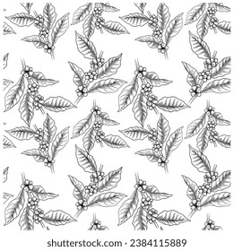 seamless pattern of ink sketch drawing coffee flora for fabric fashion, art poster, decorative, wall paper, post card, brochure, menu, banner, packaging, label, background,   