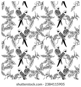 seamless pattern of ink sketch drawing coffee flora for fabric fashion, art poster, decorative, wall paper, post card, brochure, menu, banner, packaging, label, background,   