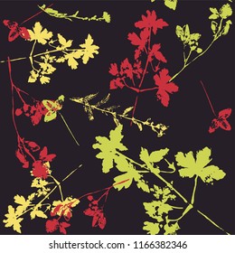 Seamless pattern with ink stamp of herbs on dark background