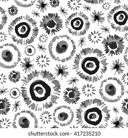 Seamless pattern with ink stamps. Stylish vector print pattern with hand drawn abstract flowers.