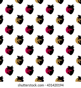 Seamless pattern with ink strawberry. Berries stamp in vector. Grunge illustration