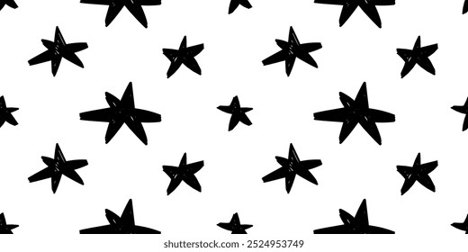 Seamless pattern with ink textured doodle stars. Crayon pencil brush. School grunge vector design.