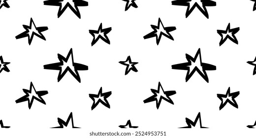 Seamless pattern with ink textured doodle stars. Crayon pencil brush. School grunge vector design.