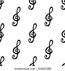 Seamless pattern with ink treble clef. Stylish modern print. Cute background for website, texture, fabric, invitation, save the date cards. Monochrome scandinavian style. Music background