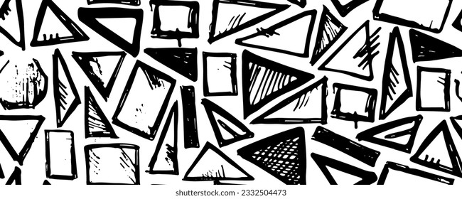 Seamless pattern with ink triangles. Geometric grunge brush strokes. Vector black geometric background with various triangle shapes. Sketch design for print.