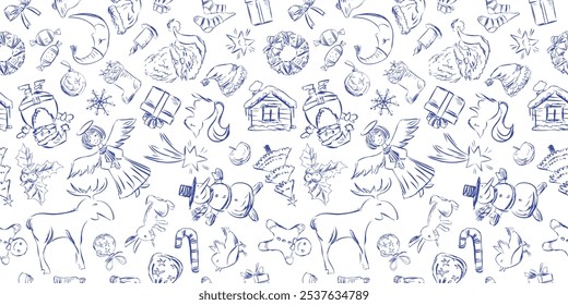 Patrón sin fisuras de garabatos de tinta diferentes símbolos de Navidad, fondo, papel, envoltura, tela, Vector