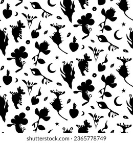 Seamless pattern with inky fairy flowers and shapes. Magic style background with hand drawn elements.