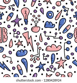 Seamless pattern of innovation concept in doodle style. Vector symbols repeat background.
