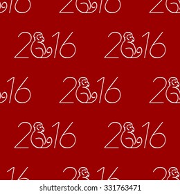 Seamless pattern with the inscription in 2016 with a picture of a monkey - the symbol of the new year. It can be used as wrapping paper. White lettering on a dark red background.