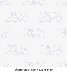 Seamless pattern with the inscription in 2016 with a picture of a monkey - the symbol of the new year. It can be used as wrapping paper. Purple inscription on a light gray background.