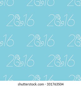Seamless pattern with the inscription in 2016 with a picture of a monkey - the symbol of the new year. It can be used as wrapping paper. Pale lettering on a light blue background.