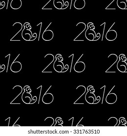 Seamless pattern with the inscription in 2016 with a picture of a monkey - the symbol of the new year. It can be used as wrapping paper. White lettering on a black background.