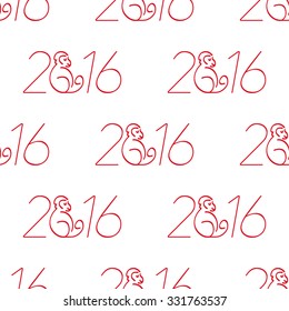 Seamless pattern with the inscription in 2016 with a picture of a monkey - the symbol of the new year. It can be used as wrapping paper. Red lettering on a white background.