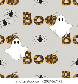 Seamless pattern with the inscription BOO, spiders and ghosts for Halloween. Halloween background. BOO lettering with pumpkin, ghosts and spiders festive symbols. For textiles, wallpapers or wrappers.